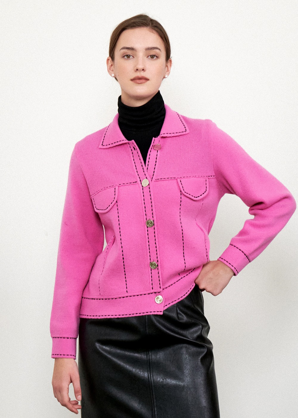 핸드 스티치 울 니트 자켓 Stitch Wool Knit Jacket - Pink