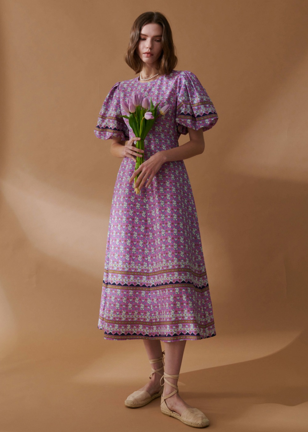 퍼프 숏 슬리브 드레스 Puff Sleeve Dress - Purple Pattern
