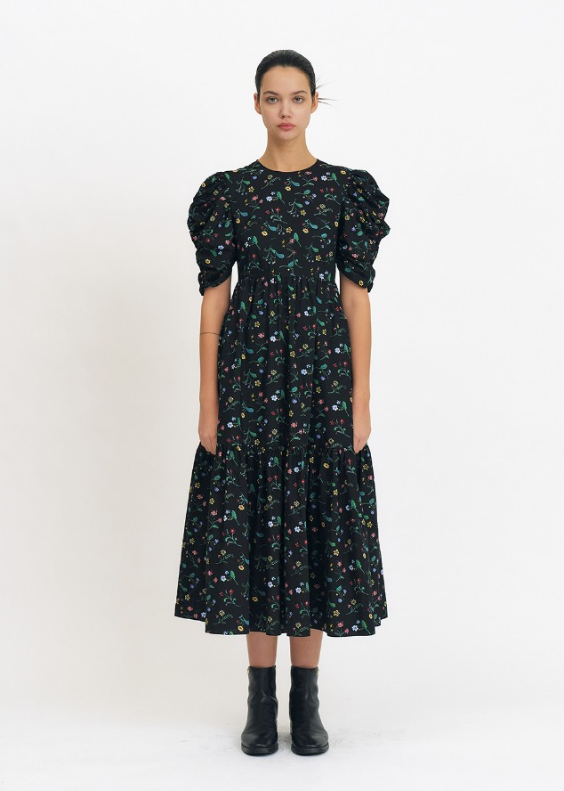 달리아 퍼프 슬리브 맥시 드레스 Dahlia Puff Sleeve Maxi Dress - Black Pattern