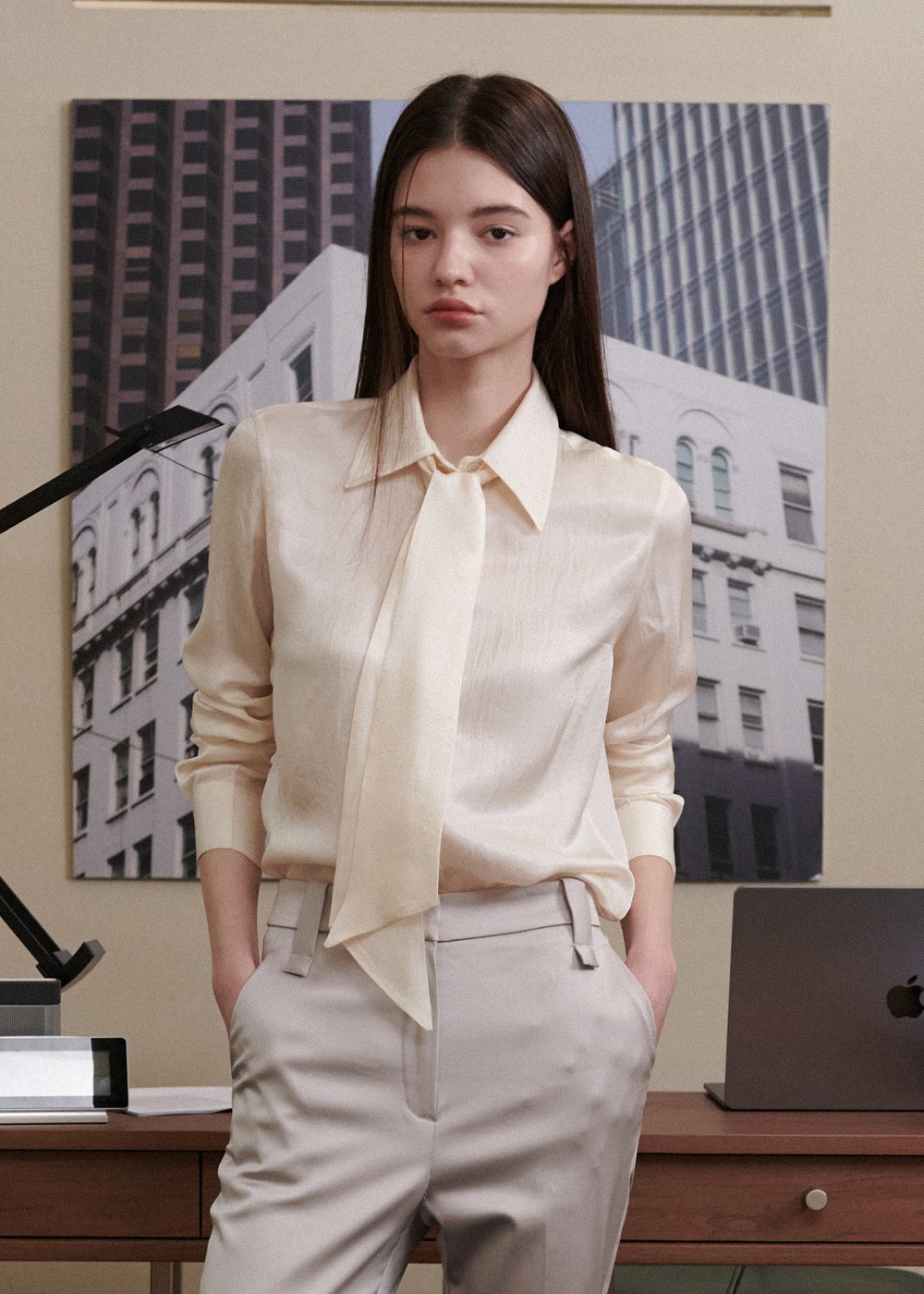 [오픈할인 15%] 블레어 스트레이트핏 타이 셔츠 Blair Straight fit Tie Shirts - Ivory